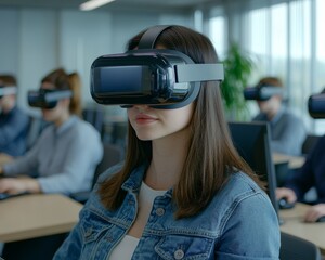 Immersive VR Experience Young Woman in Black Headset in Modern Workspace