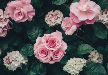 Beautiful arrangement of pink roses and hydrangeas surrounded by lush green leaves, creating a vibrant and serene floral backdrop for various creative projects