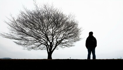 겨울철 나뭇잎이 없는 가지 아래 혼자 서 있는 사람의 실루엣