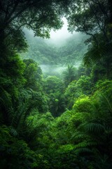 Lush Green Rainforest Canopy Serenity - Dense Foliage Closeup with Misty Background, Tranquil Nature Landscape