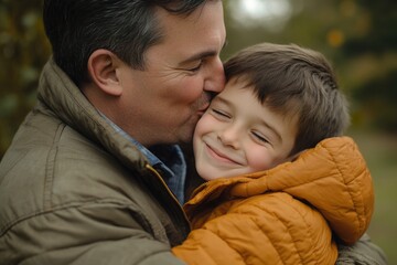 A loving father holds his young son tightly in his arms