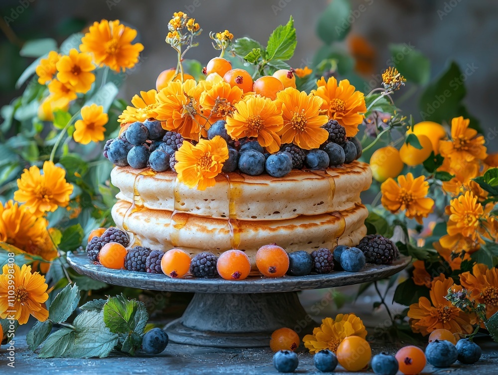 Poster mouthwatering stack pancakes drizzled golden maple syrup and garnished array colorful berries and br