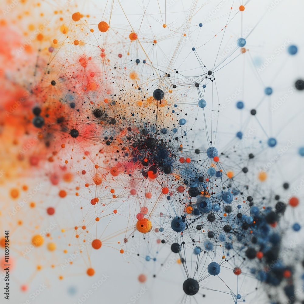 Poster abstract representation of interconnected colorful dots and lines, suggesting a network or cosmic th