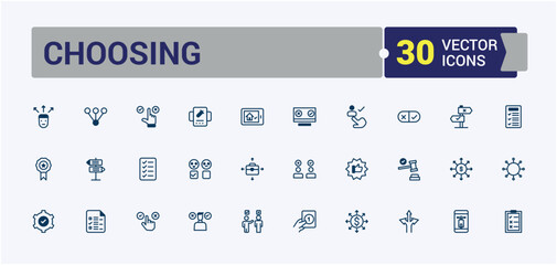 Choosing icon pack. Includes thin line voting, choice, count, concept, buttons, check, correct, choose. Simple web icons. Editable vector icon and illustration.