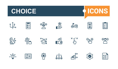 Choice line icon collections. Containing voting, opportunity, buttons, choose, concept, correct, sign, ballot. Minimal linear icons. Solid line editable vector illustration.
