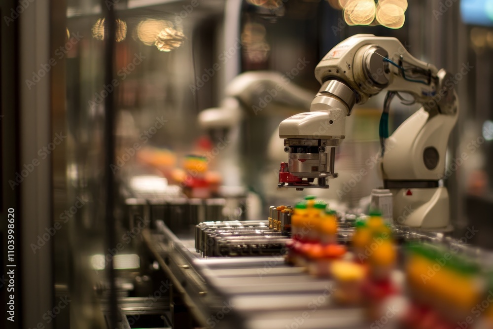 Poster robotic arm on production line handling colorful food items in modern factory setting with blur back