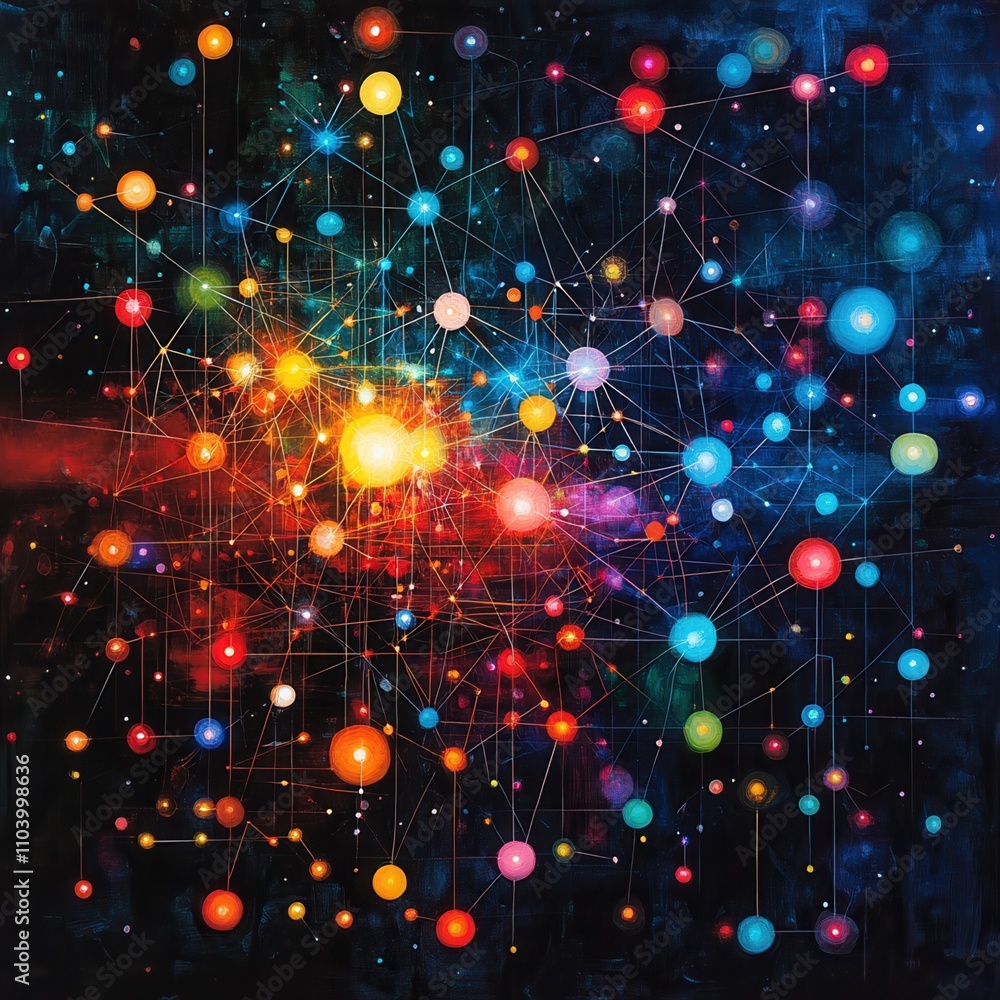Poster a vibrant cosmic scene featuring an intricate network of colorful spheres and lines against a dark b