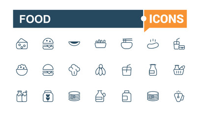 Food line icon collections. Containing breakfast, cheese, beverage, egg, meat. Modern thin icons. Solid line editable stroke. Vector line and solid icons.