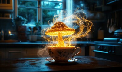 Magical Glowing Mushroom in Teacup in Dark Kitchen