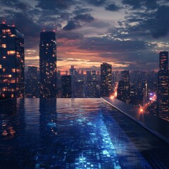 Infinity Pool Overlooking City Skyline at Sunset with Clouds