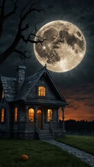 3D render of a haunted house theme with a big moon.