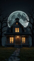 3D render of a haunted house with a big moon at night.