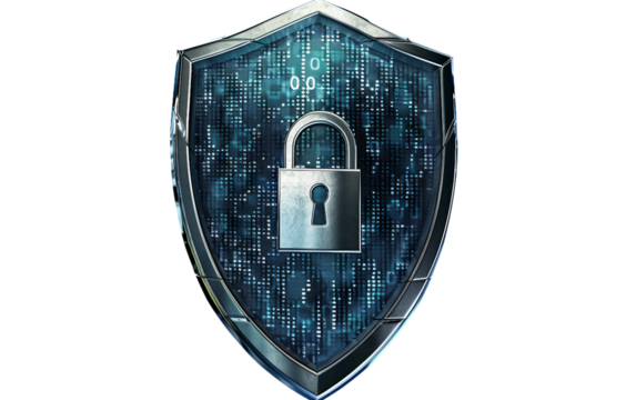 Shield Icon Featuring Lock Symbol and Binary Code Isolated on Transparent Background PNG.