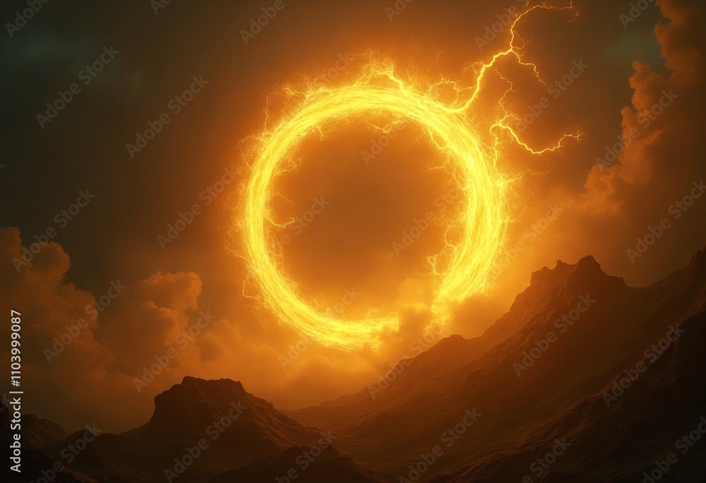 Poster yellow abstract plasma lightning ring with glowing particles swirling in dark sky fantasy concept ar
