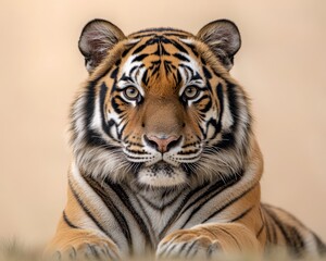 Fototapeta premium Majestic Close-Up Portrait of Sumatran Tiger in Serene Atmosphere