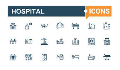 Hospital thin line icon set. Contains such icons as helicopter, pulse, market, science, monitor, stethoscope, aid, glyph. Simple web icons. Vector illustration in modern line style.