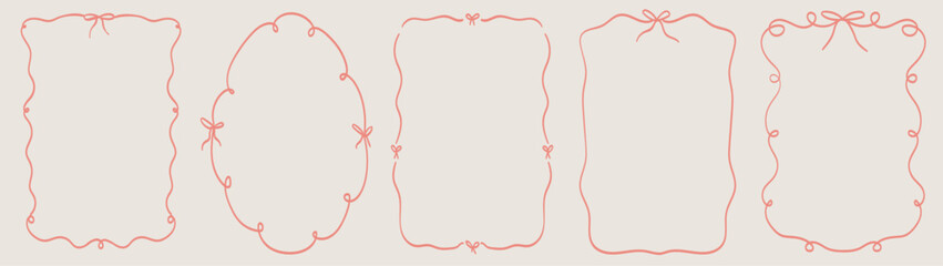 Set of elegant whimsical hand drawn pink color frames with wavy squiggle curly ribbon and bow in trendy, vintage retro styles. Perfect for wedding, birthday or party invitations or greeting card decor