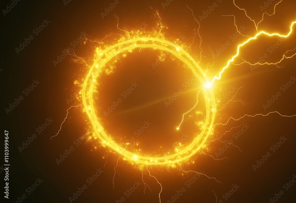 Poster yellow abstract plasma lightning ring with glowing particles swirling in dark sky fantasy concept ar