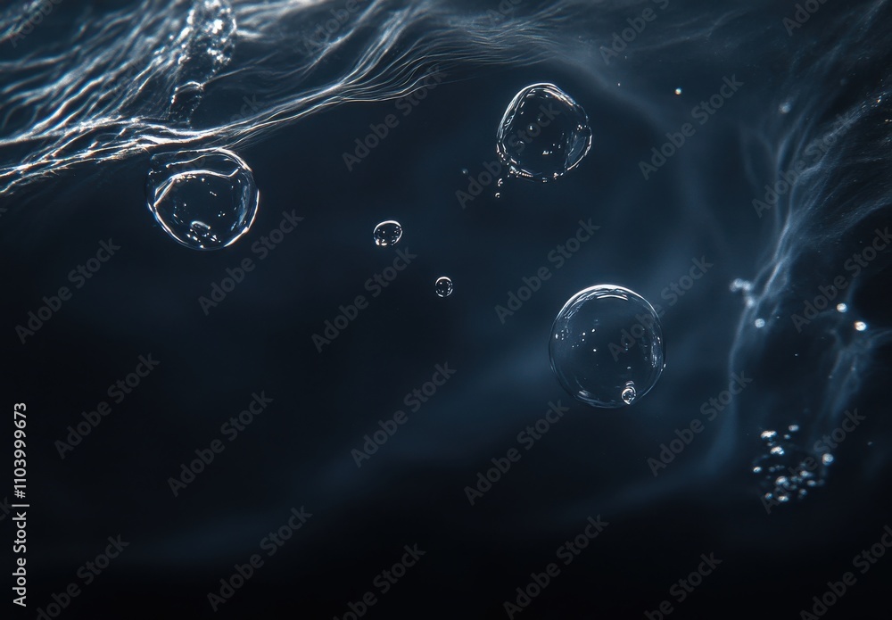 Poster bubbles rising in dark water with ethereal light reflections creating a mysterious and serene underw
