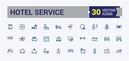 Hotel Service icons in linear style. Contains such icons as apartment, breakfast, bus, business, booking, air, rental and more. Simple web icons. Solid line editable vector illustration.