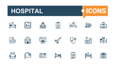 Hospital thin line icon set. Contains such icons as helicopter, pulse, market, science, monitor, stethoscope, aid, glyph. Simple web icons. Vector illustration in modern line style.