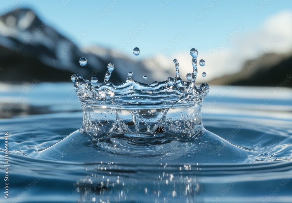 Poster captivating close-up of a water splash creating ripples on a serene lake surface with mountains in t