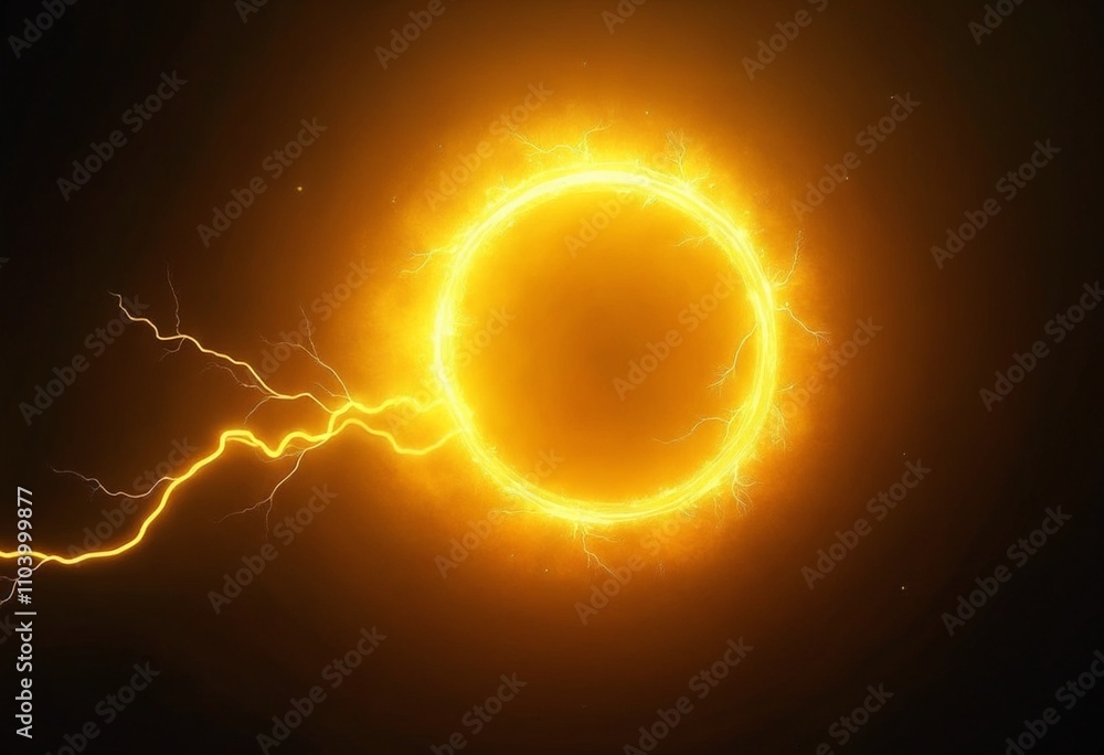 Poster yellow abstract plasma lightning ring with glowing particles swirling in dark sky fantasy concept ar