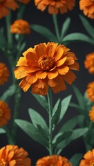 3D render of a low-poly marigold with bright orange flowers.