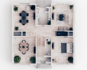 Modern Minimalist Architectural Floor Plan Symmetrical Design with Neutral Tones and Cozy Textures, Ideal for Real Estate and Interior Design