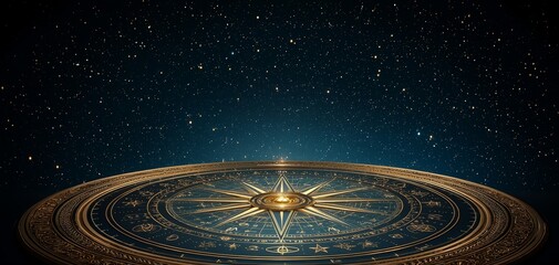 Mystical Metal Compass Rose Against Starry Night Sky - Enigmatic Ancient Navigation Symbol in Glowing Fantasy Setting