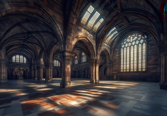 Obraz premium Captivating Interior of an Ancient Gothic Style Hall with Stunning Architecture and Dramatic Light Rays Streaming Through Ornate Windows