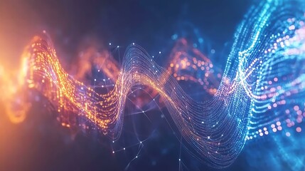 3D digital waveforms flowing with vibrant data points and connections symbolizing AI and technology in cyber space