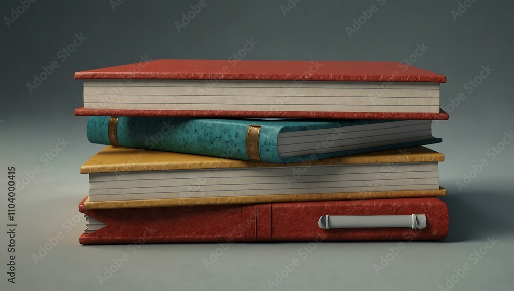 Poster 3d render of a stack of notebooks with detailed textures.