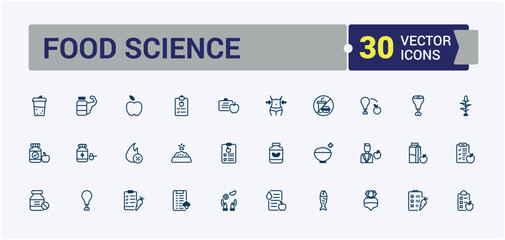 Food Science line icons set. Related to probiotics, slim, microflora, supplement, stroke and more. Minimalistic web and UI icons. Vector line and solid icons.