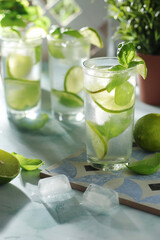 A glass with basil and lime lemonade