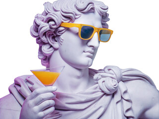 Classic statue wearing sunglasses and holding a cocktail in a playful modern twist