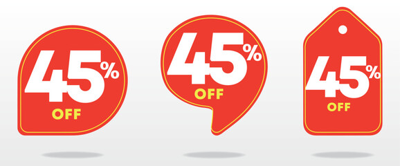 45% discount. Red price tag. Coupon, voucher. Creative design poster, marketing. Sale special offer. Advertising campaign, retail, sticker, announcement. Online shop, value, percent. Set, vector