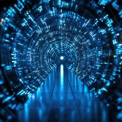 A futuristic tunnel illuminated by blue lights, creating a vibrant and dynamic atmosphere leading into the distance.