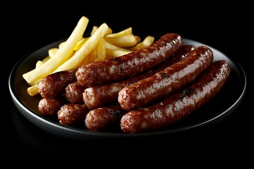 A plate of grilled sausages accompanied by golden French fries.