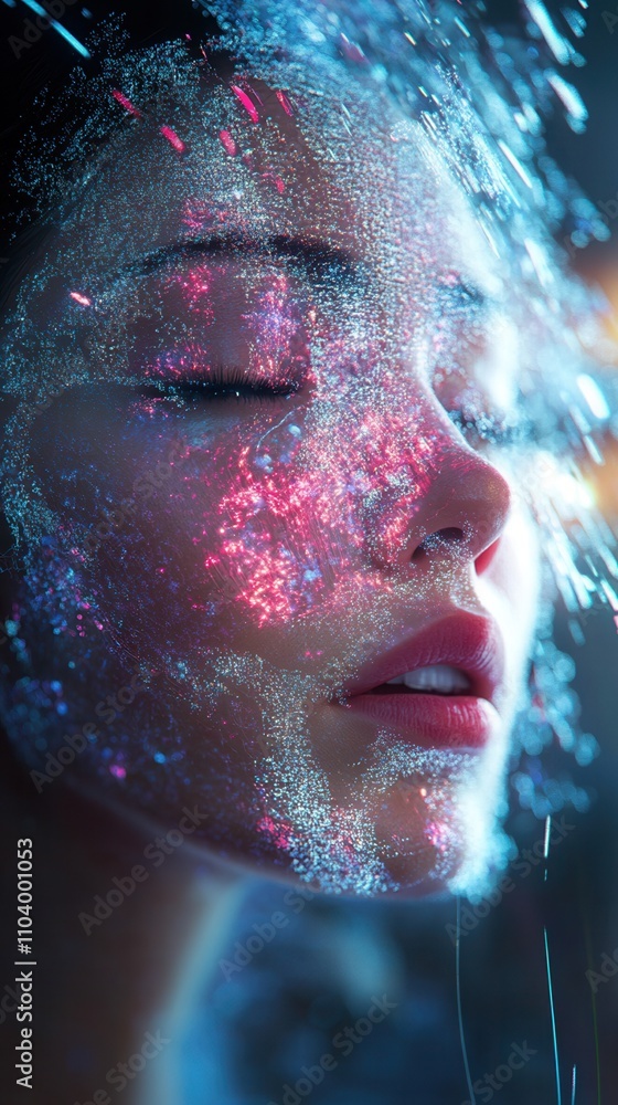 Poster a close-up of a woman's face illuminated by colorful reflections, creating a dreamy and ethereal atm