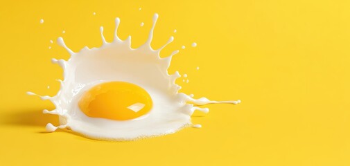 Fresh egg yolk splashing in white liquid against a vibrant yellow backdrop.