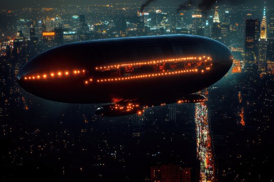 Night-time image of a cargo blimp illuminated by LED lights, flying over a major metropolitan area.