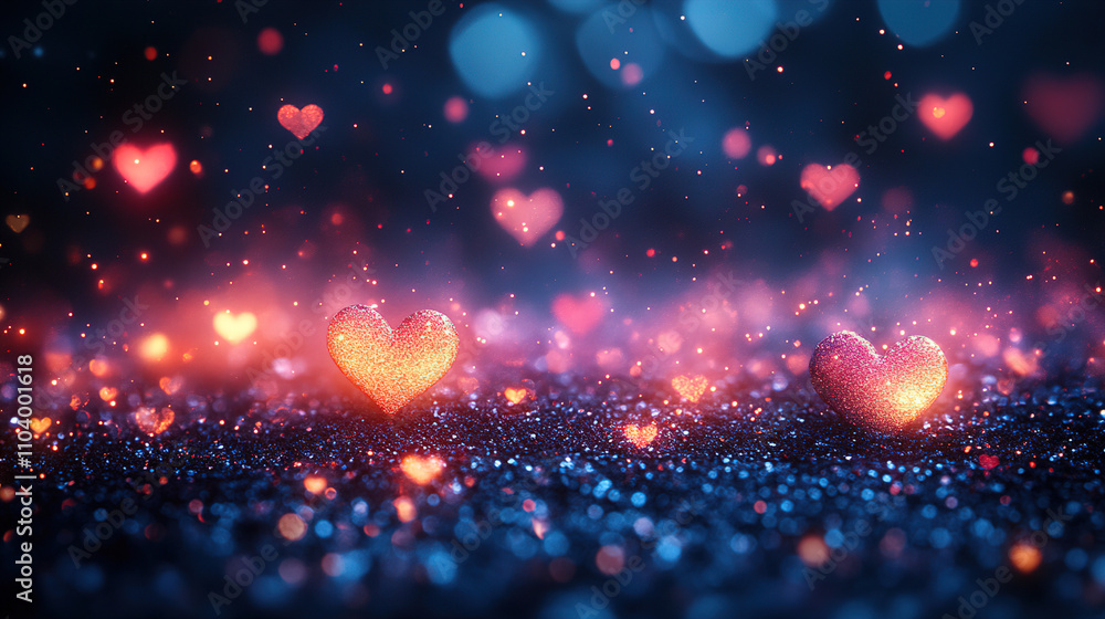 Aufkleber heart-shaped glitter confetti placed on a dark surface with bokeh lights creating a romantic atmosph