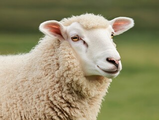 Obraz premium Serene Close-Up of Fluffy Sheep in Olive Green Pasture - Peaceful Wildlife Portrait