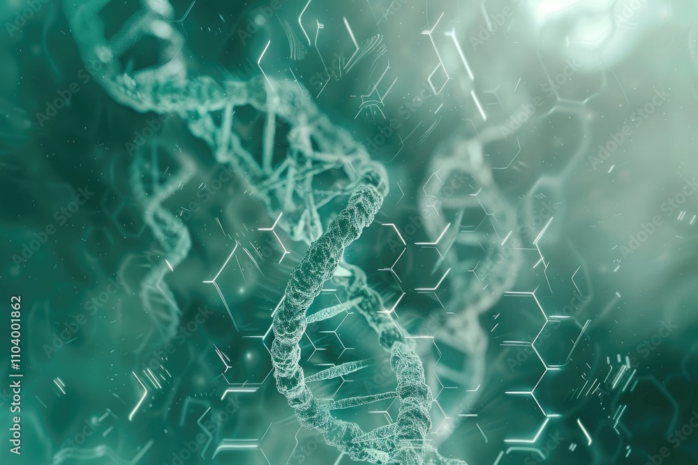 Poster abstract representation of dna strands with molecular structures in a scientific context.