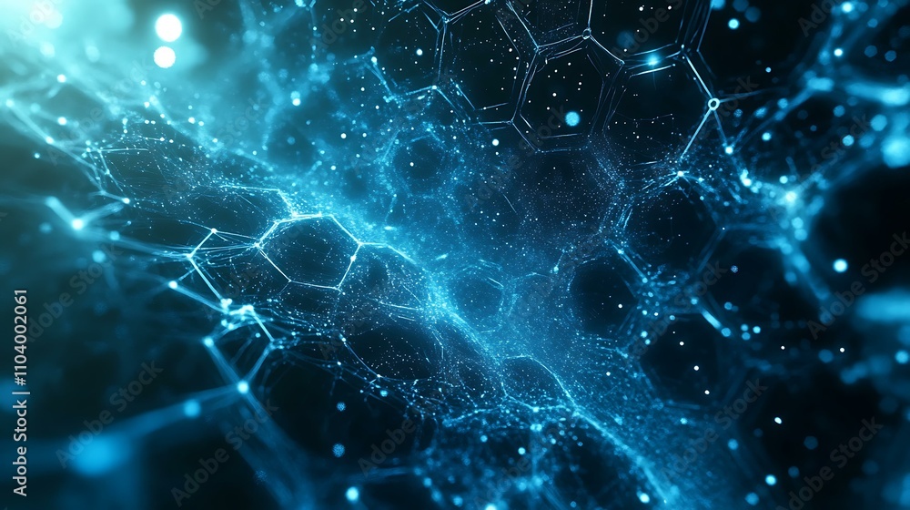 Wall mural abstract blue science and technology background with hexagon patterns and light flares