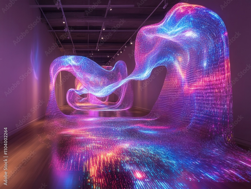 Poster A vibrant, digital art installation featuring flowing light patterns that create an immersive experience in a gallery space.