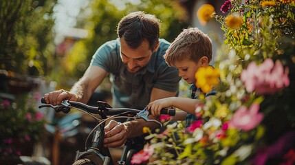 Father and Son Bonding While Repairing Bicycle in Backyard - Hands-On DIY Moment with Blurry Garden Background