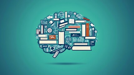 Abstract brain made of books and educational icons, representing learning and intellectual growth