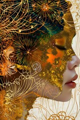 A woman's face is partially obscured by intricate golden floral patterns and cosmic elements. Her eyes are closed, and her expression is serene